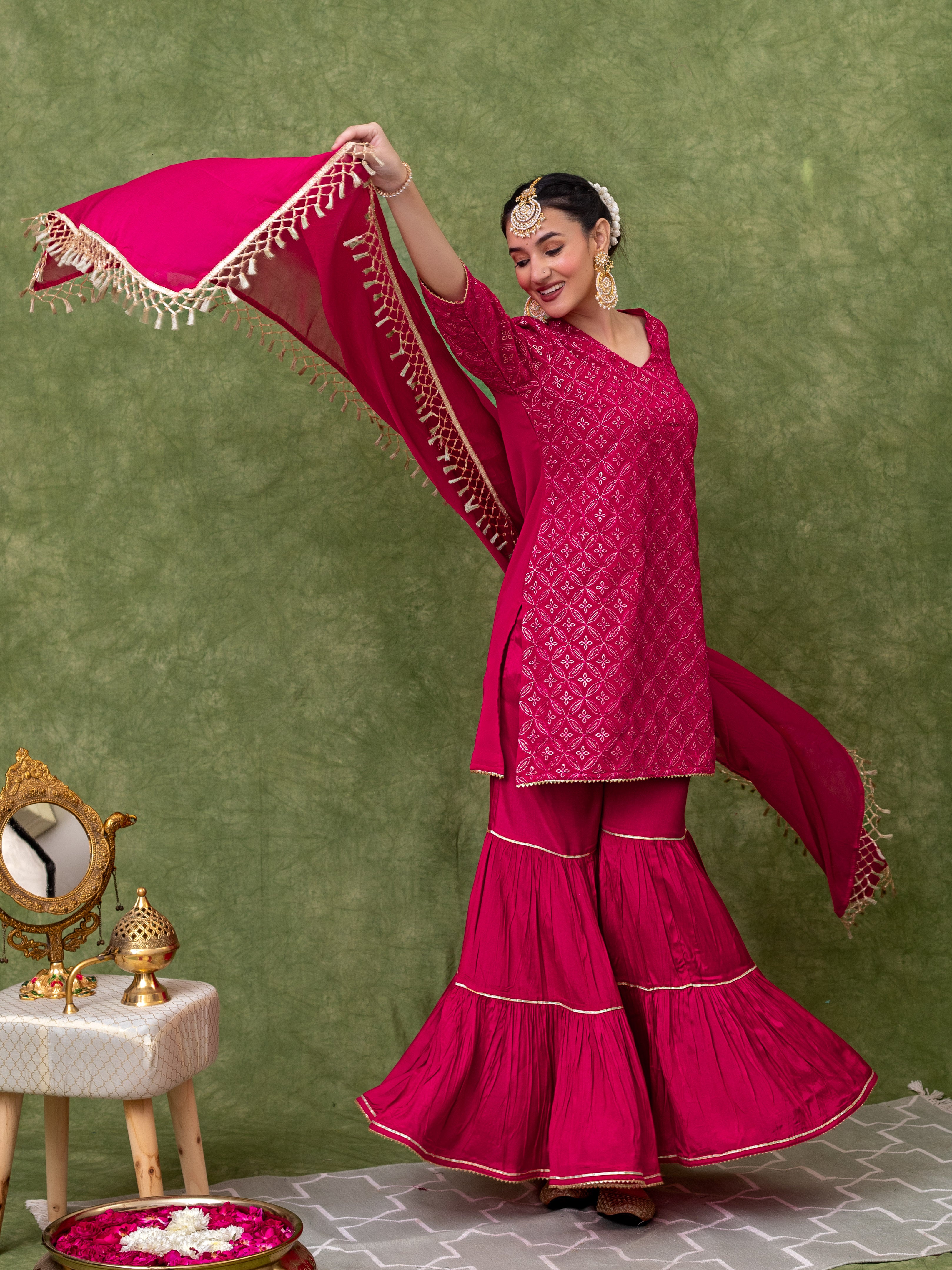 FULLY EMBROIDERED PINK STARIGHT KURTA WITH TIERED SHARARA AND DUPATTA (SET OF 3)